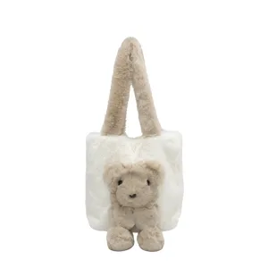 Cute plush fluffy tote bag with 3D animal design, soft large capacity shoulder underarm bag.