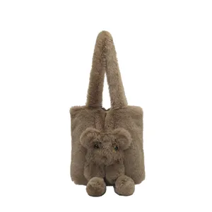 Cute plush tote bag for women, soft fluffy shoulder bag with cute cartoon bear design.