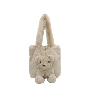 Cute fluffy plush tote bag with 3D teddy bear design, soft shoulder bag for women daily use.