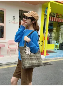 Bolso tote de cuadros vintage para mujer gran capacidad bolso de hombro casual otoño invierno