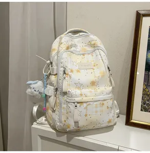 Grand sac à dos scolaire pour étudiant, joli sac à double épaule à carreaux étoile jaune.