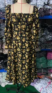 Women long sleeve floral midi dress, square neck bohemian casual vintage clothing.