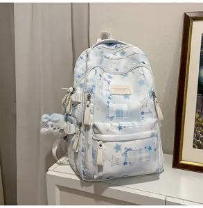 Sac a dos carreaux etoiles bleu grande capacite cartable etudiant sac ecole mignon