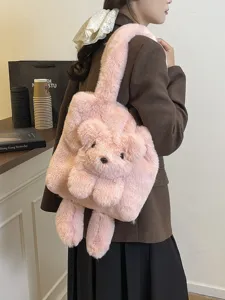 Cute Plush Dog Tote Bag Large Capacity Women Cartoon Animal Shoulder Bag Soft Underarm Tote Bag Winter Warm Faux Fur Handbag