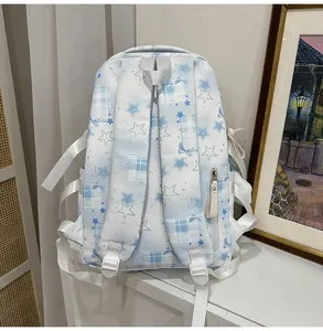 Joli sac a dos scolaire bleu a carreaux et etoiles pour filles, grande capacite style Harajuku
