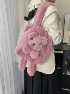 Cute pink plush tote bag with 3D cute animal design, soft large capacity shoulder handbag.