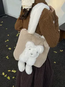 Cute plush dog tote bag fluffy shoulder bag large capacity winter handbag casual purse