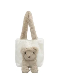 Cute plush tote bag for women, fluffy winter shoulder bag with cartoon animal design.