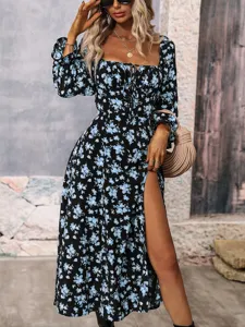 Long Sleeve Floral Print Maxi Dress Bohemian V-Neck Casual Spring Autumn Women Long Dress