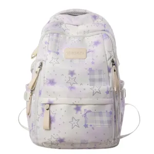 Vue détaillée du joli sac à dos d'école à motif d'étoiles avec poches et fermetures.