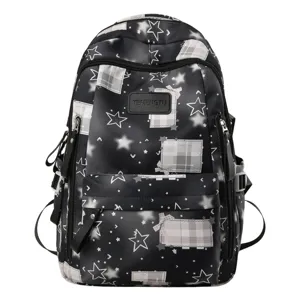 Sac a dos scolaire noir avec motif etoiles et carreaux grande capacite pour les etudiants