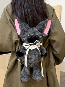 Süßer grauer Plüsch Tier Rucksack mit großen Ohren und Schleife,weicher flauschiger Damen Rucksack