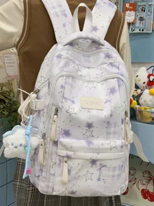 Sac à dos d'école étoile violette à carreaux avec grande capacité pour étudiants.