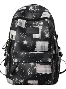 Sac à dos scolaire noir style Harajuku avec motifs d'étoiles et carreaux pour étudiants.