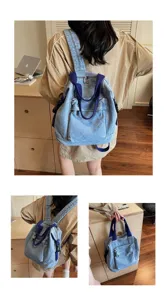 Washed denim backpack for women, large capacity minimalist student casual daypack school bag