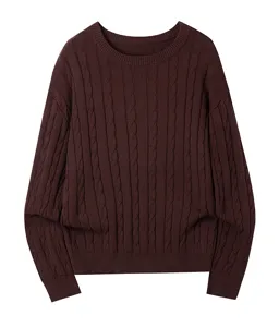 Men's classic cable knit sweater detail, crewneck texture, soft long sleeve apparel styling.