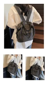 Washed denim women backpack large capacity minimalist stylish student daypack casual bag.