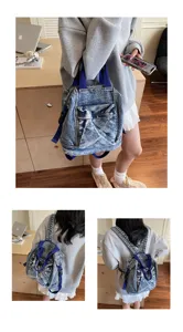 Washed denim backpack for women, large capacity stylish student school bag with blue straps.