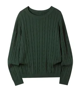 Dark green cable knit sweater detail showing textured pattern and classic crew neck design.