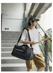 Outdoor sports travel duffel bag detail scene, black large capacity cross body shoulder bag.