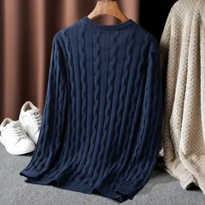 Detailed view of men's crew neck cable knit sweater, solid color long sleeve casual pullover.