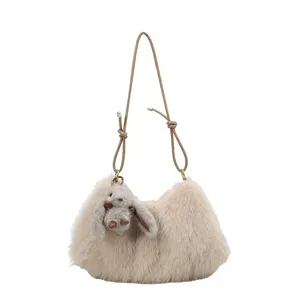 Fluffy plush shoulder bag with cute bunny pendant, soft faux fur crossbody hobo bag