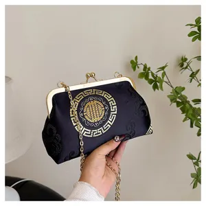 Chinese style women evening bag clutch vintage shoulder crossbody chain purse with kiss lock
