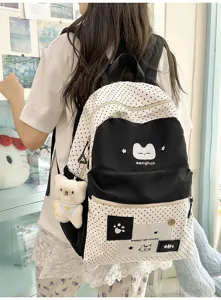 Lindo estilo japonés lunares gato de dibujos animados estudiante mochila escolar