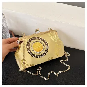 Exquisite Chinese style evening bag with metal clasp, elegant gold shoulder chain cross body.