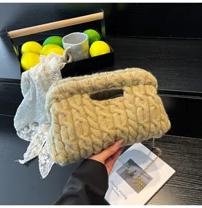 Stijlvolle pluizige gebreide clutch tas voor dames, retro schoudertas met kettingriem.