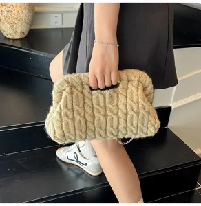 Modieuze retro pluche gebreide beugel handtas vrouwen elegante avond schoudertas tas