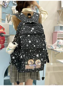 Grand sac à dos d'école pour étudiants, sac à livres imprimé d'étoiles noires avec poche.