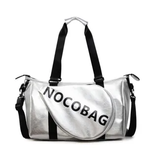 Borsa da viaggio sportiva metallizzata argento borsa da palestra con tracolla nera