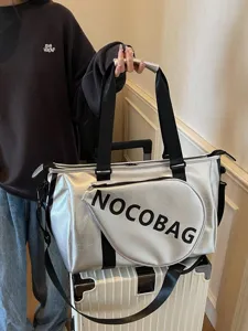 Borsa da viaggio sportiva metallizzata argento con tasca racchetta, grande borsa fitness.