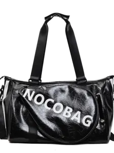 Borsa sportiva nera lucida da palestra badminton viaggio tracolla con lettere bianche.