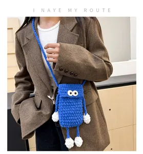Handmade crochet cute big eyes crossbody phone bag for women casual knitted shoulder bag