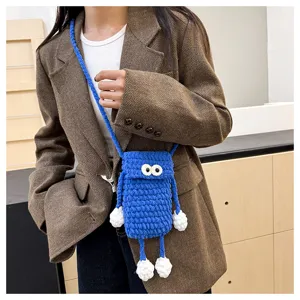 Cute handmade knitted blue phone bag with big eyes, casual crossbody shoulder bag for women.