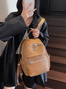 Women PU leather small backpack daily casual commute shoulder daypack brown travel bag