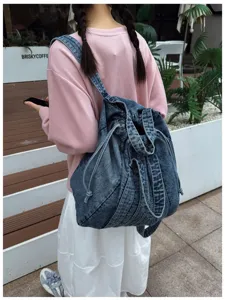 Sac à dos vintage en denim lavé pour femme, grand sac d'école de voyage décontracté.