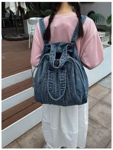 Sac a dos en jean lave retro, sac d'ecole de voyage decontracte polyvalent pour etudiants.