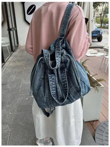 Sac à dos en denim lavé vintage sac de voyage décontracté grande capacité pour femmes usage quotidien