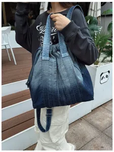 Sac à dos en denim lavé dégradé élégant rétro multifonctionnel de voyage pratique
