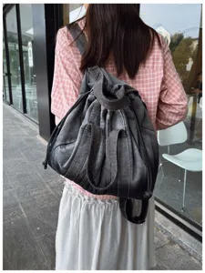 Sac à dos en denim lavé décontracté rétro multifonctionnel étudiant voyage grand sac