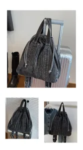 Sac à dos en denim délavé vintage, grand sac de voyage multifonctionnel avec cordon.