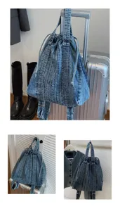 Vue détaillée du sac à dos en denim délavé vintage avec plis verticaux et cordon de serrage.