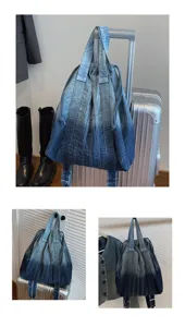 Sac à dos en denim délavé vintage, grand format loisir voyage sac d'école multifonctionnel.