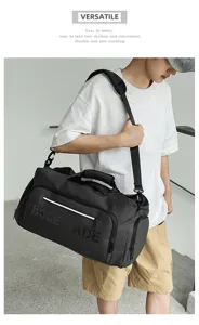 Large capacity men's shoulder travel bag, durable outdoor sports fitness duffel bag detail.