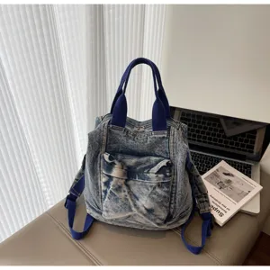 Washed denim women backpack large capacity casual fashion student travel double shoulder bag