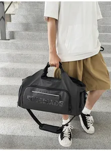 Large capacity outdoor sports fitness travel duffel bag, black texture, shoulder strap detail.