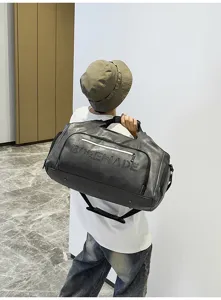 Large capacity travel duffel bag men's shoulder crossbody sports fitness leather bag detail view
